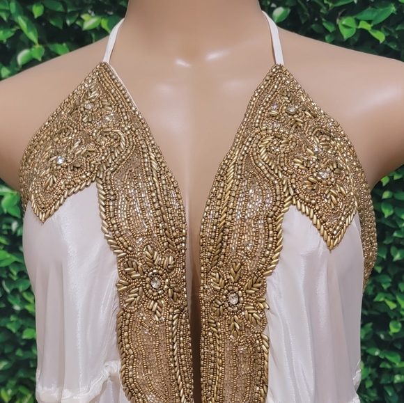 Manish Vaid Embellished Dress, the dress is the color white with gold beading. - Picture 9 of 9
